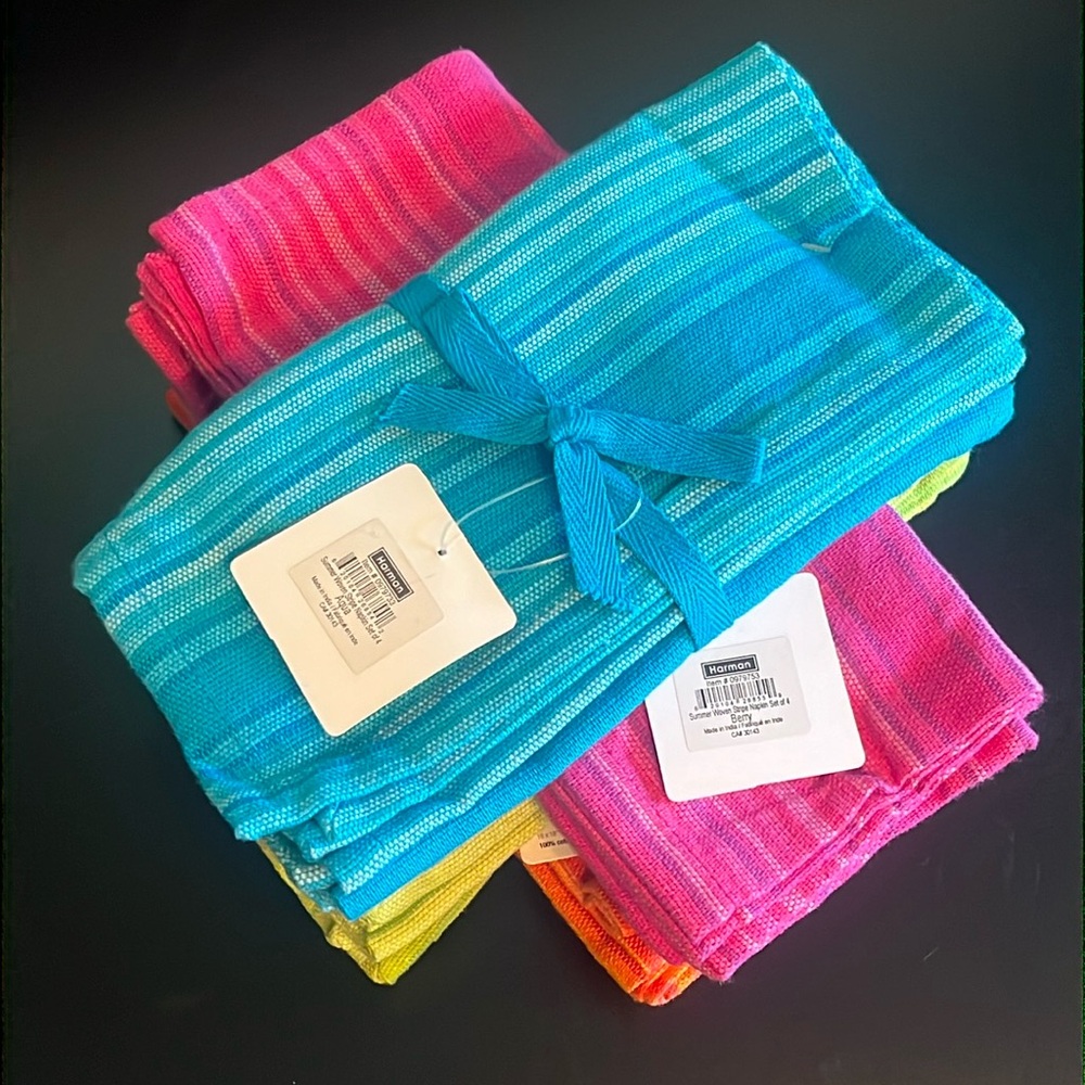 “Summer Woven Stripe” set of 4 aqua cotton napkin-NWT-3 other colors available